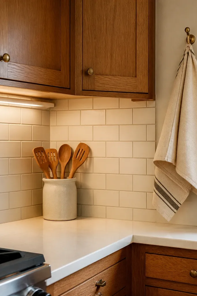 Light oak cabinets with a cream tile backsplash and warm under-cabinet lighting
