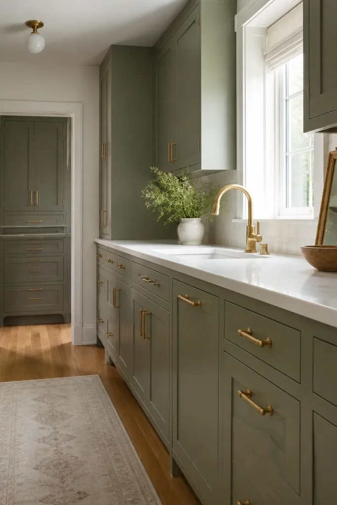 Sage green cabinets with a white countertop and small brass accents