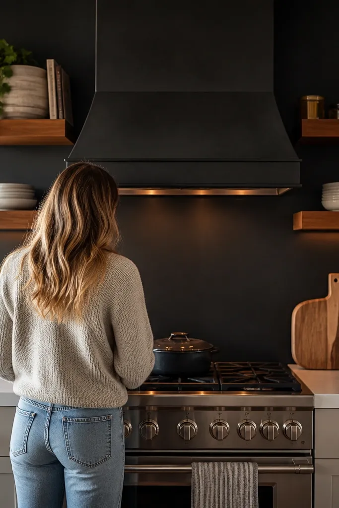 Black stove with warm wood shelves above and hanging decor