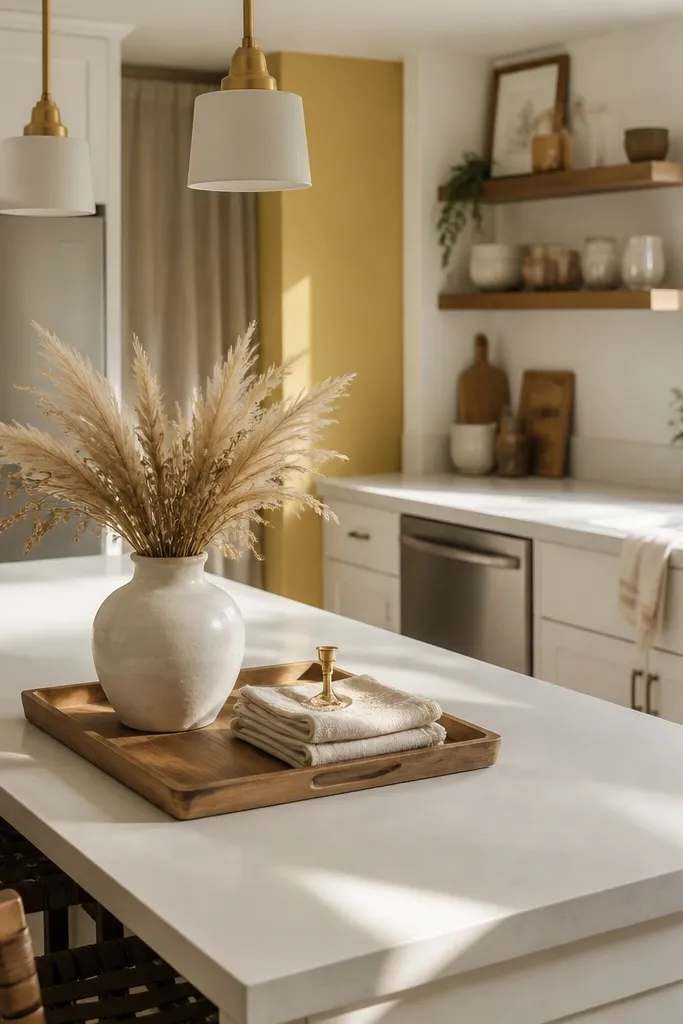 White cabinets with a buttery yellow accent wall and warm table lighting