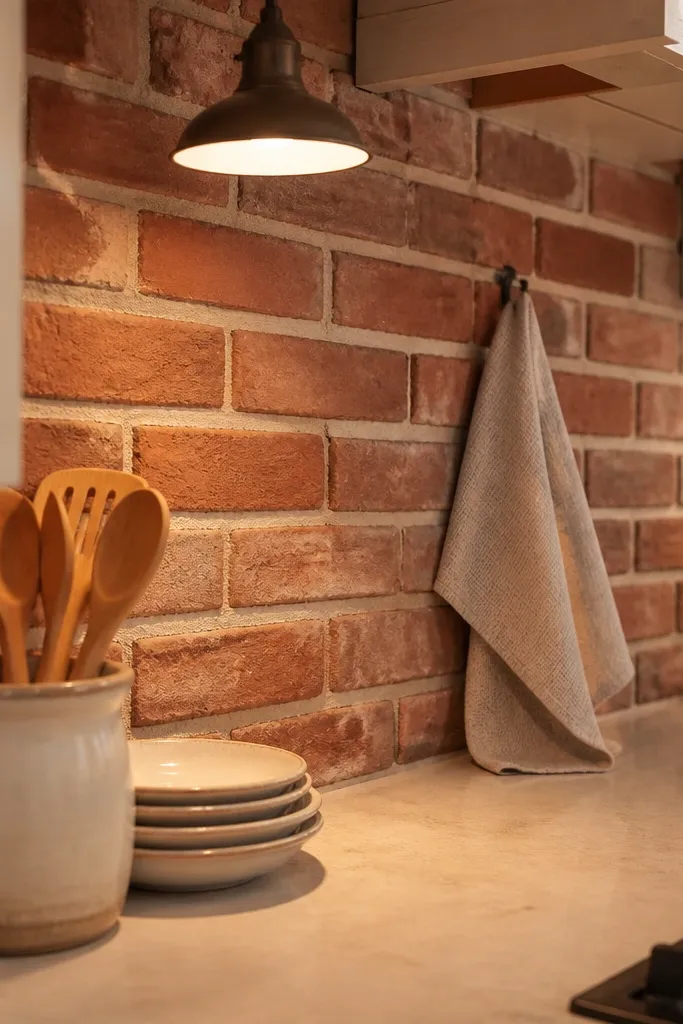 Red brick backsplash with cream countertops and warm utensil decor