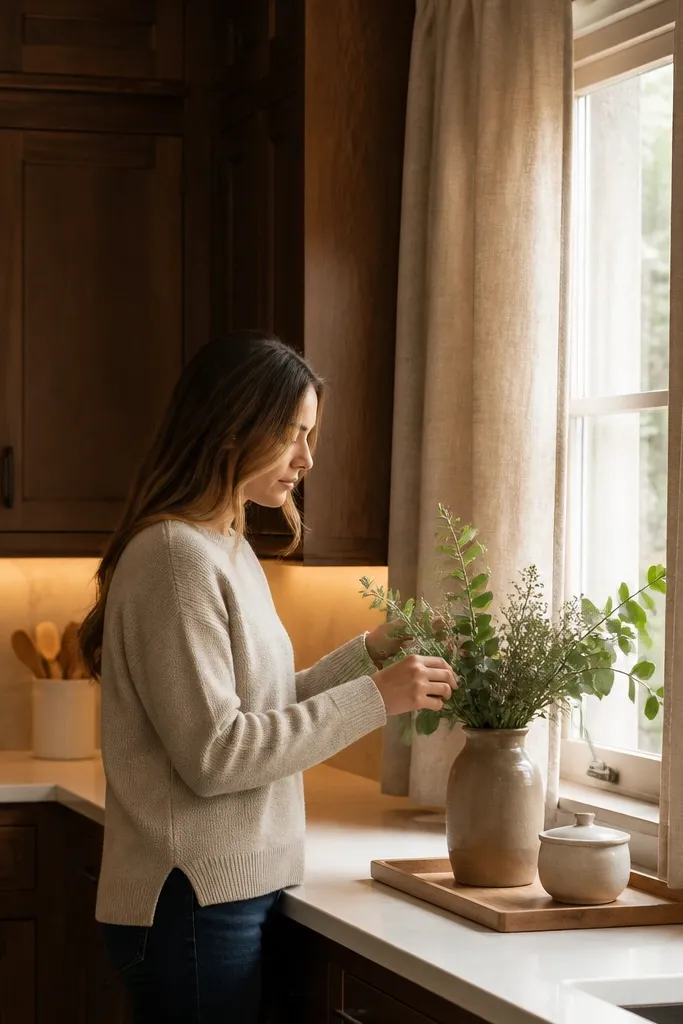 Mocha cabinets with linen curtains and warm window-side dining lighting