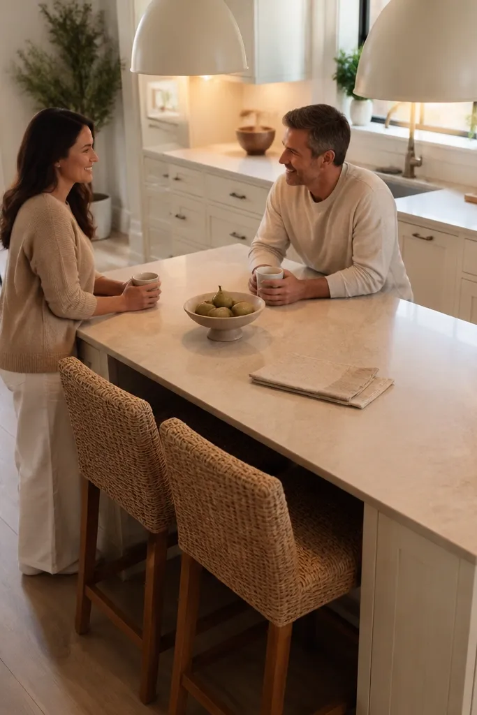 Kitchen island with stone-like counters and woven bar stools