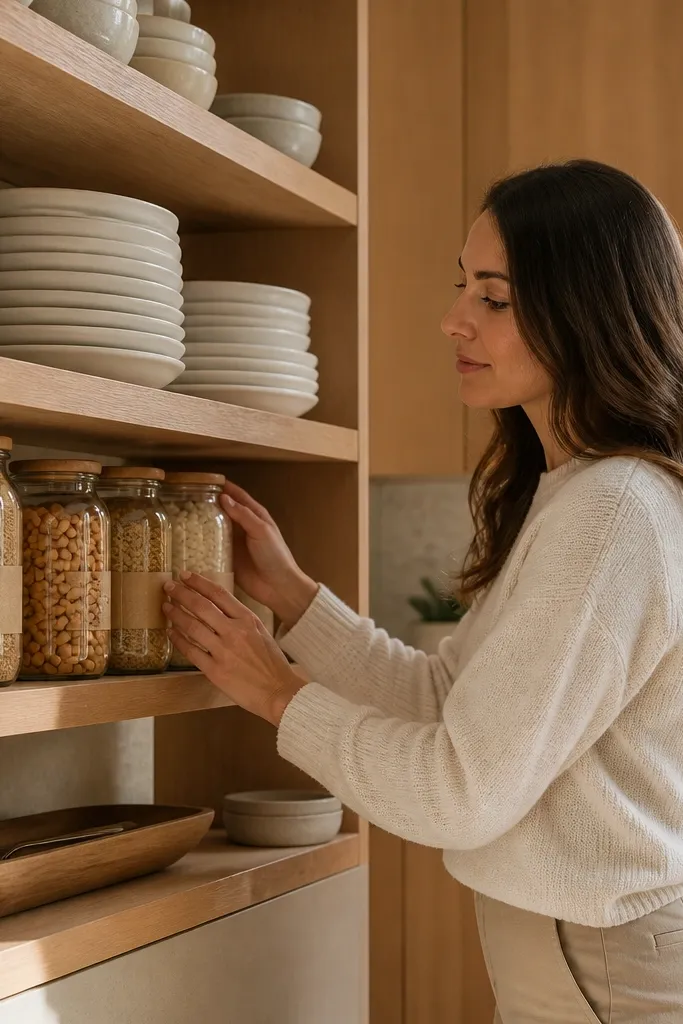 Open kitchen shelves with stacked plates and matching jars in tan and white