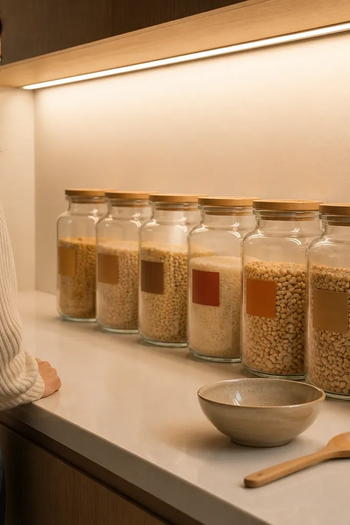 Warm under-cabinet lights with glass canisters and neatly arranged kitchen counters