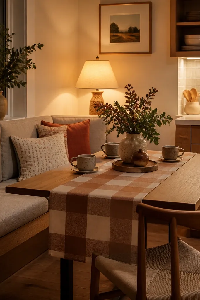 Corner breakfast nook with a bench, check runner, and warm lamp lighting