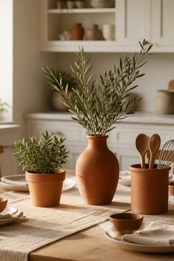 Terracotta decor accents with warm neutral table settings and cream napkins