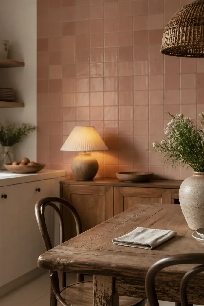 Pastel rose backsplash with a vintage wooden dining table and warm lamp