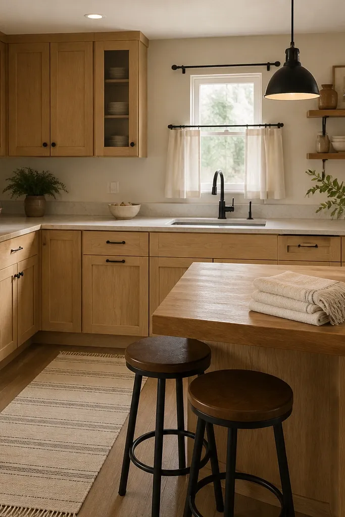 Light wood kitchen with black hardware, linen textiles, and warm lighting