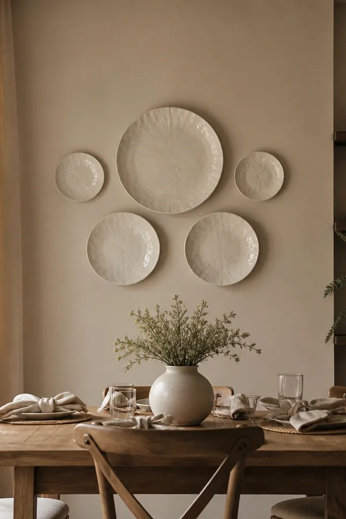 Dining wall with two-tone color, gallery plates, and warm curtains