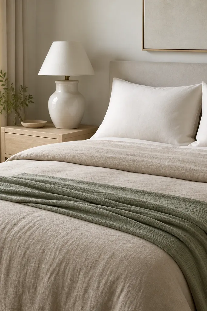 Bed dressed with an oatmeal-toned duvet cover, two cream pillow shams, one sage-green throw folded at the foot, and a simple white ceramic lamp on a light wood nightstand.