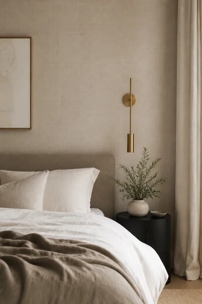 A wall behind the bed styled to look like linen, with warm-white floor-length curtains gathered into soft folds and a slim brass wall sconce.