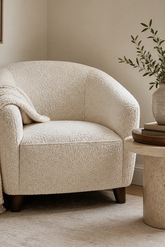 A small bouclé accent chair in a corner with a cream chunky throw draped over one arm, a round tray on the side table, and a two-book stack beside a ceramic vase.