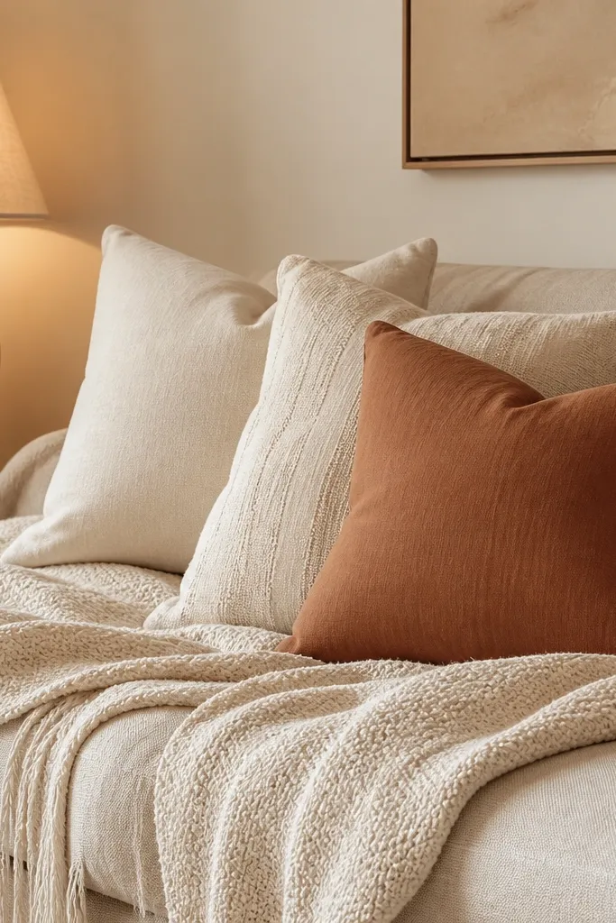 A couch or bed with warm-white pillows and a warm-white throw, plus one clay terracotta cushion in the mix, lit by a lamp with a fabric shade.