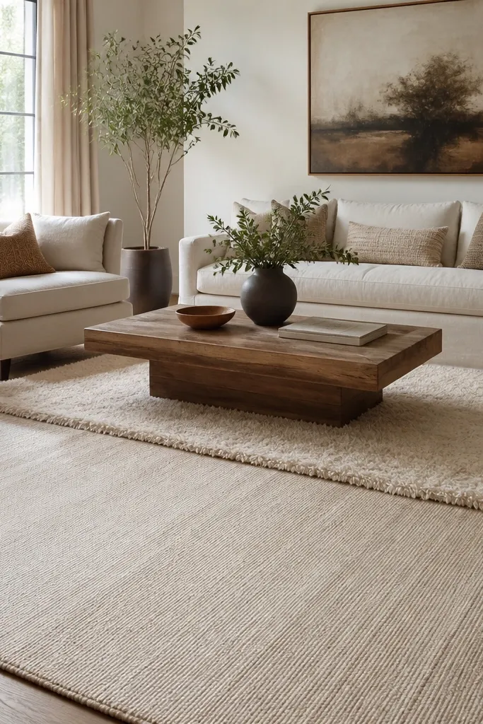 A living room floor with an oatmeal flatweave rug covering most of the space and a small cream shag rug placed only in front of the seating area.