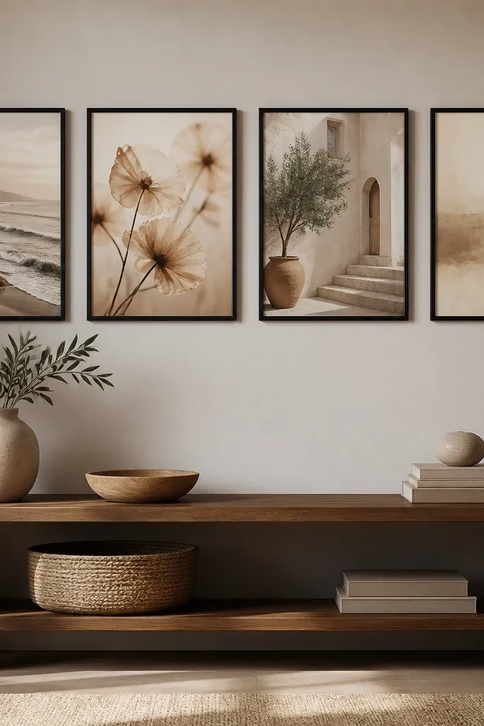 A gallery wall of 4 frames in matte black, each holding warm neutral prints, with equal spacing and a small gap above a console table.