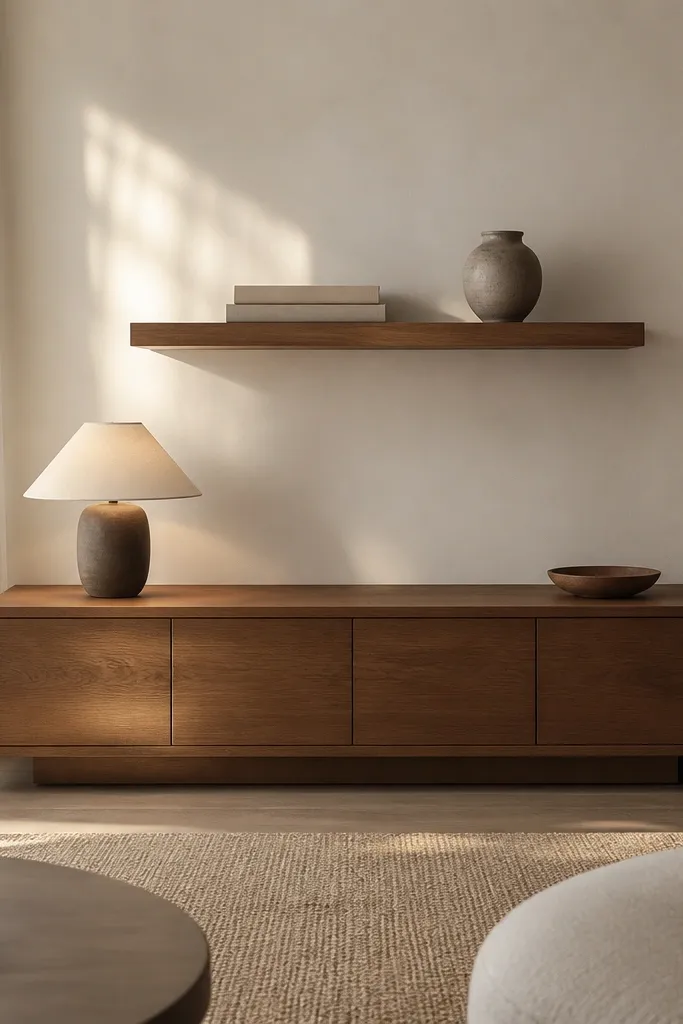 A low console with cabinet doors, one open shelf above it holding two neatly stacked books and a single ceramic object, and a small lamp on the counter.