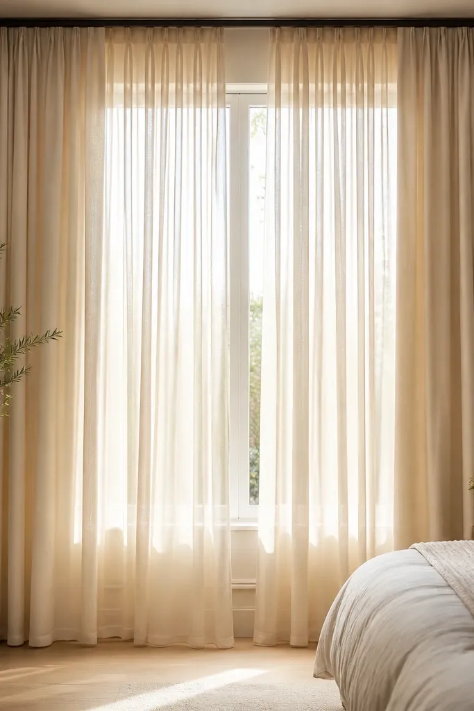 A window with a rod mounted near the ceiling, warm-neutral sheer curtains falling in long straight panels, and a thicker layer of light cream drapes behind.