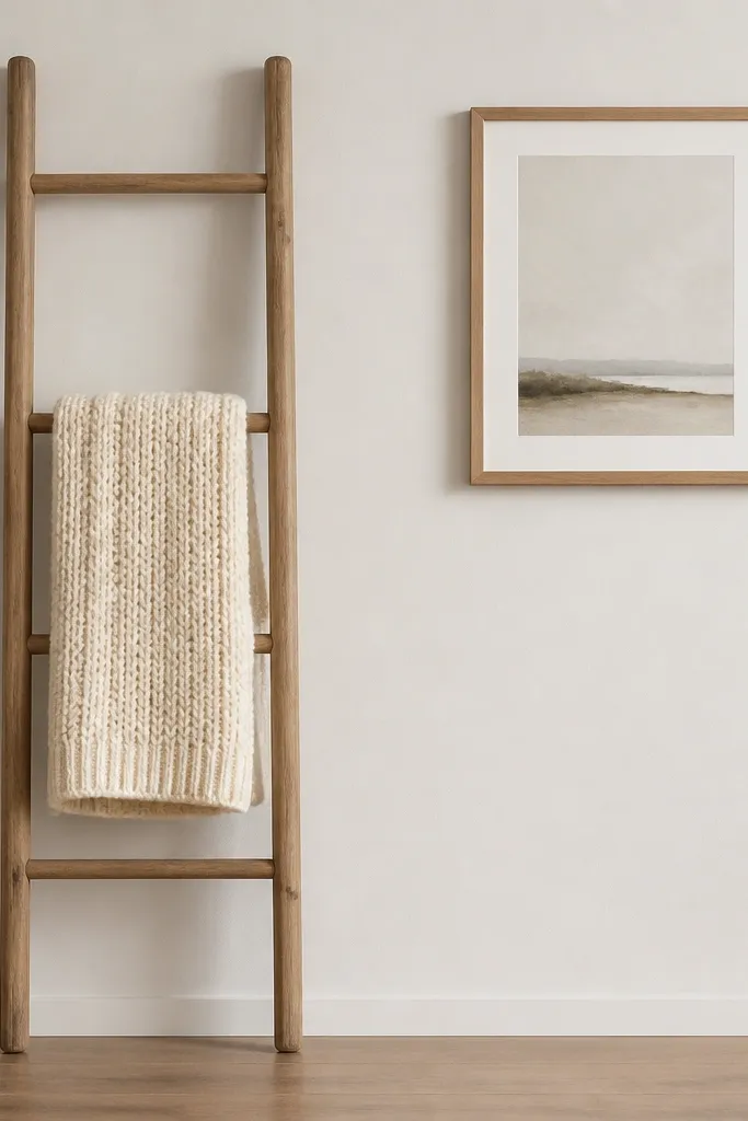 A simple wall-mounted ladder holding one folded knit throw in cream, with the rest of the wall kept blank aside from one framed print.