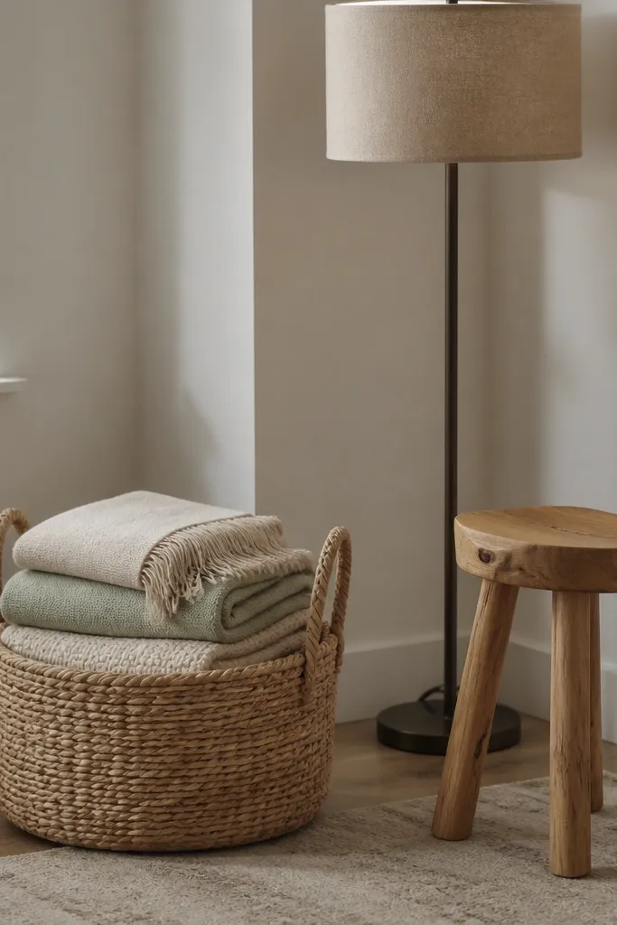 A corner with a woven basket on the floor holding neatly folded blankets, a small wooden stool, and a floor lamp with a beige shade.