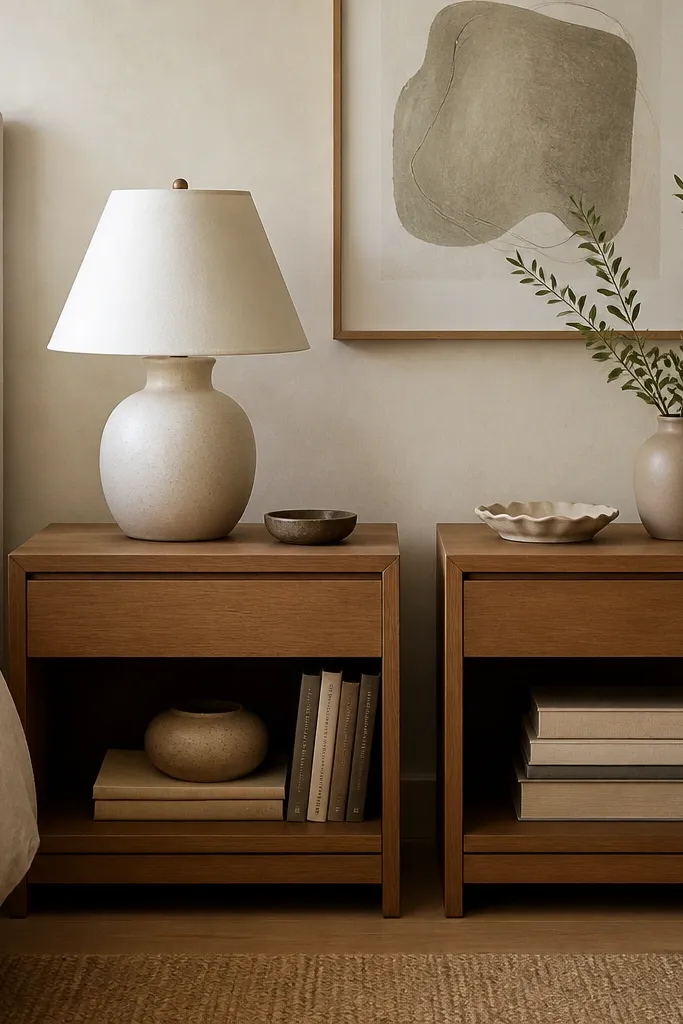 Two bedside tables with matte ceramic pieces, a cream lamp on one side, a small ceramic dish on the other, and neatly arranged books.