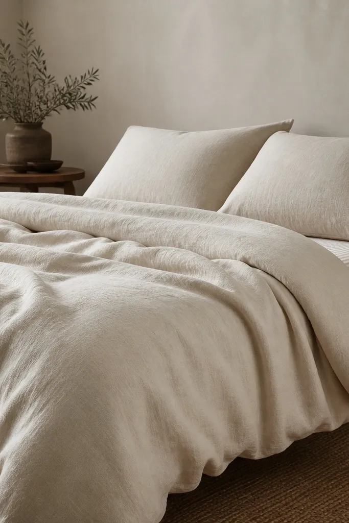 A bed with a textured duvet cover in oatmeal and a subtle stripe visible only at the fitted sheet edge, plus two plain pillows.