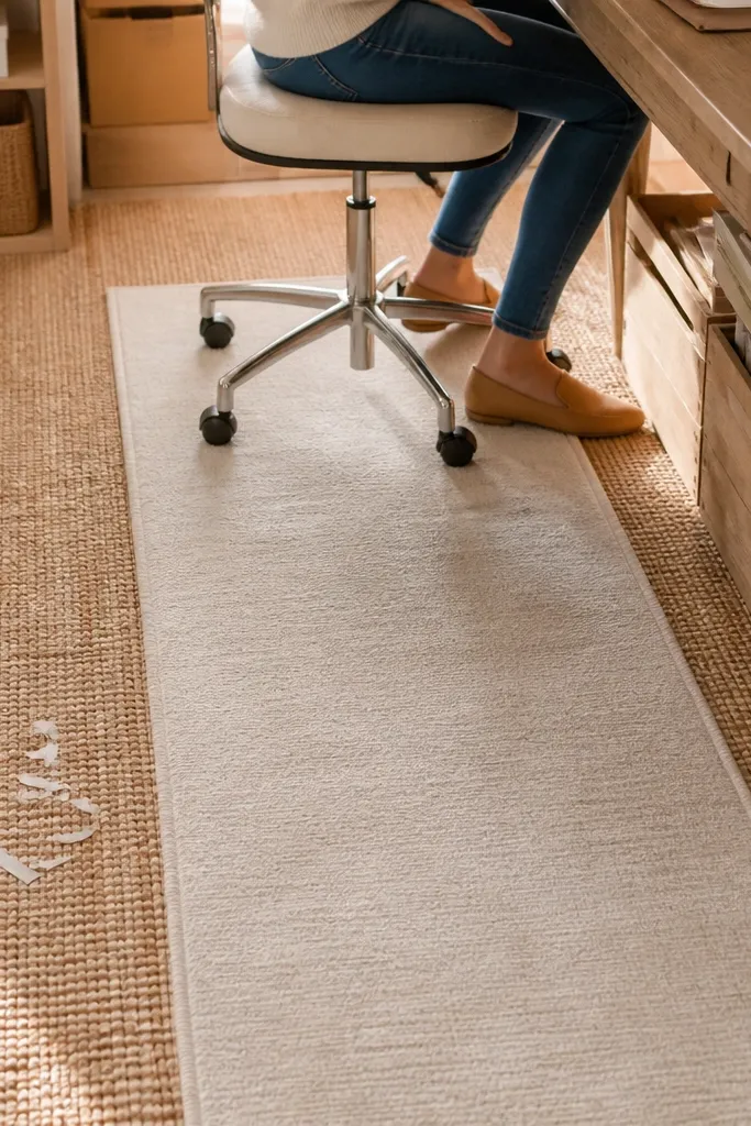 Jute rug with a cream runner centered under a craft table