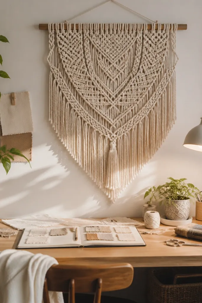 White macramé wall panel above a craft desk with small shelves below
