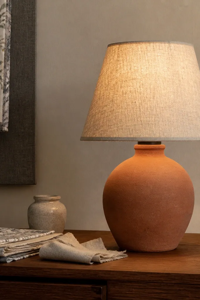 Terracotta ceramic table lamp with a cream linen shade on a wood side table