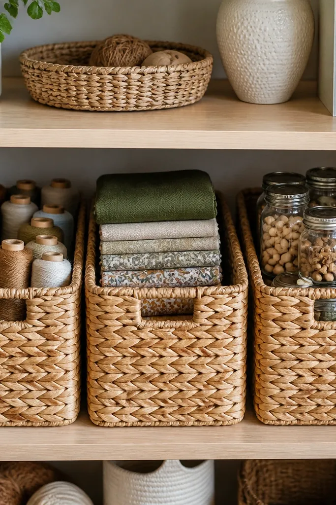 Three woven baskets on open shelves with neutral labels