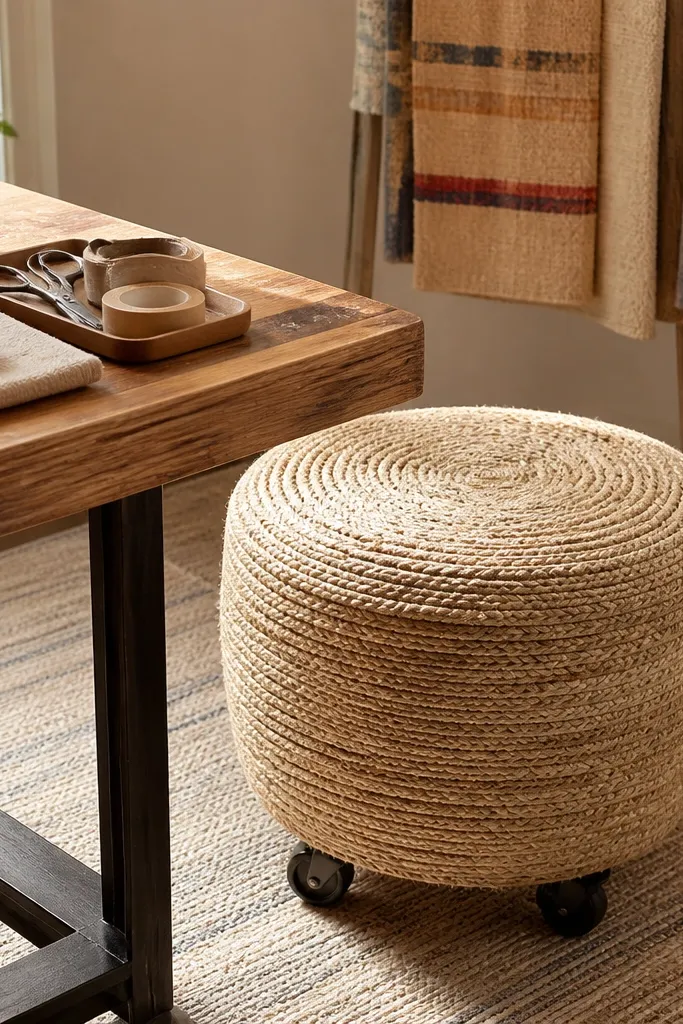 Round jute pouf in tan near a craft table with a throw blanket