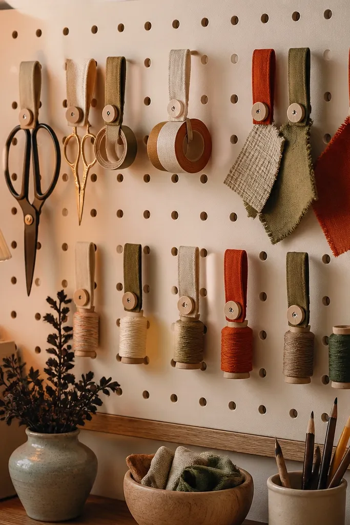 Light wood pegboard with fabric-covered clips holding tools and threads