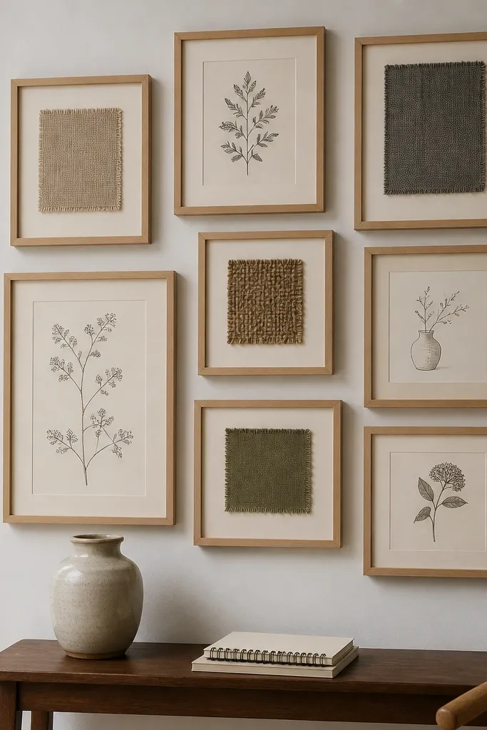 Small frames with fabric swatches and prints arranged above a craft chair