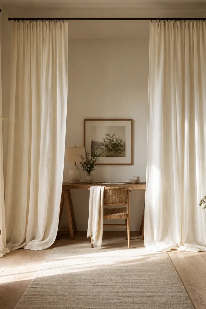 Cream curtain panels framing a craft nook with a table and woven baskets