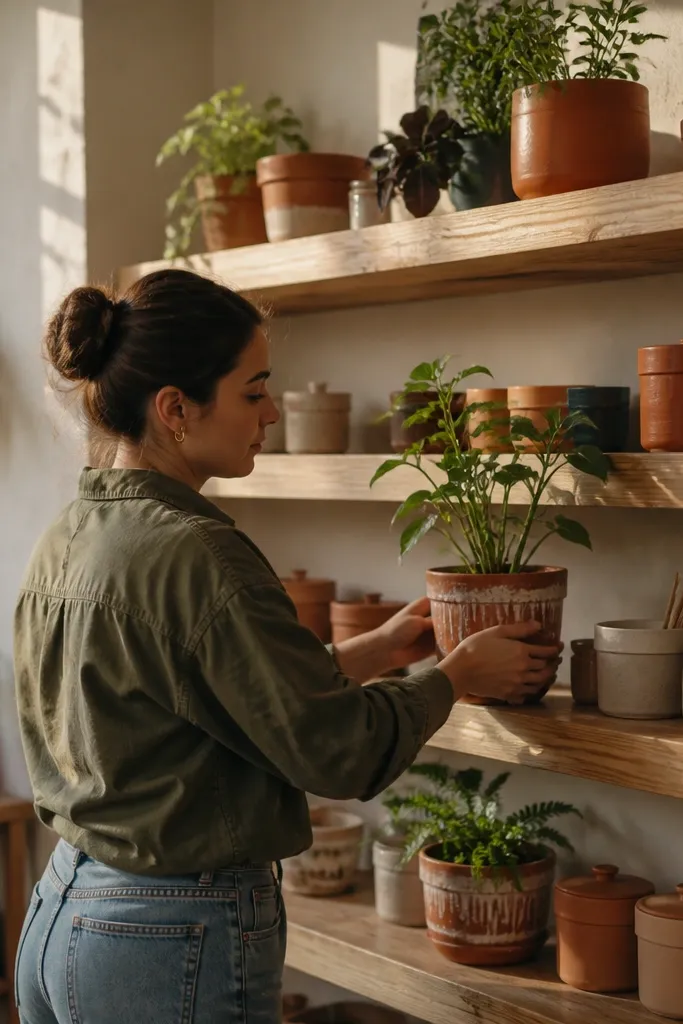 Floating shelves with terracotta planters and ceramic jars for craft supplies