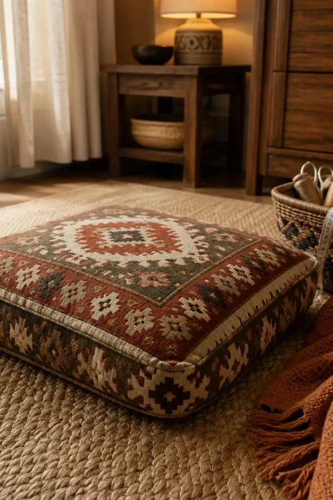 Patterned floor cushion in warm tones beside a sewing station
