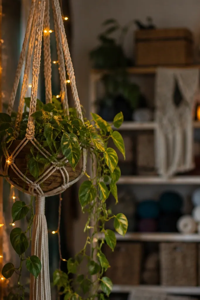 Macramé plant hanger with a trailing plant and warm string lights nearby