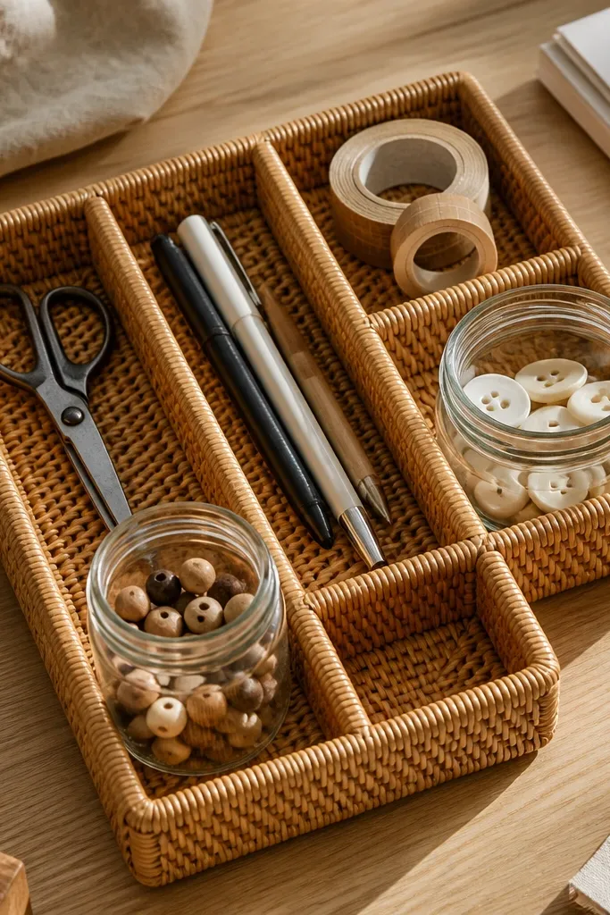 Rattan trays on a craft desk holding scissors, pens, and small jars