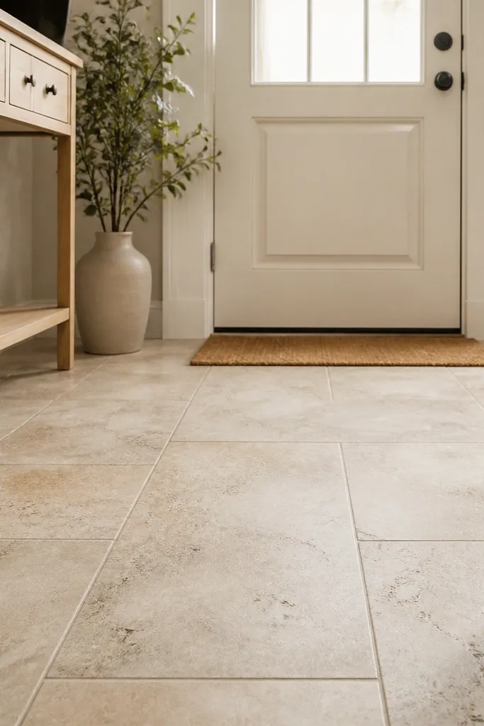 Warm travertine-look floor tiles with soft veining and greige grout lines