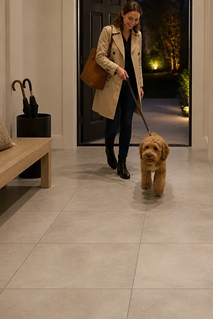Light limestone-look square tiles with darker charcoal grout lines