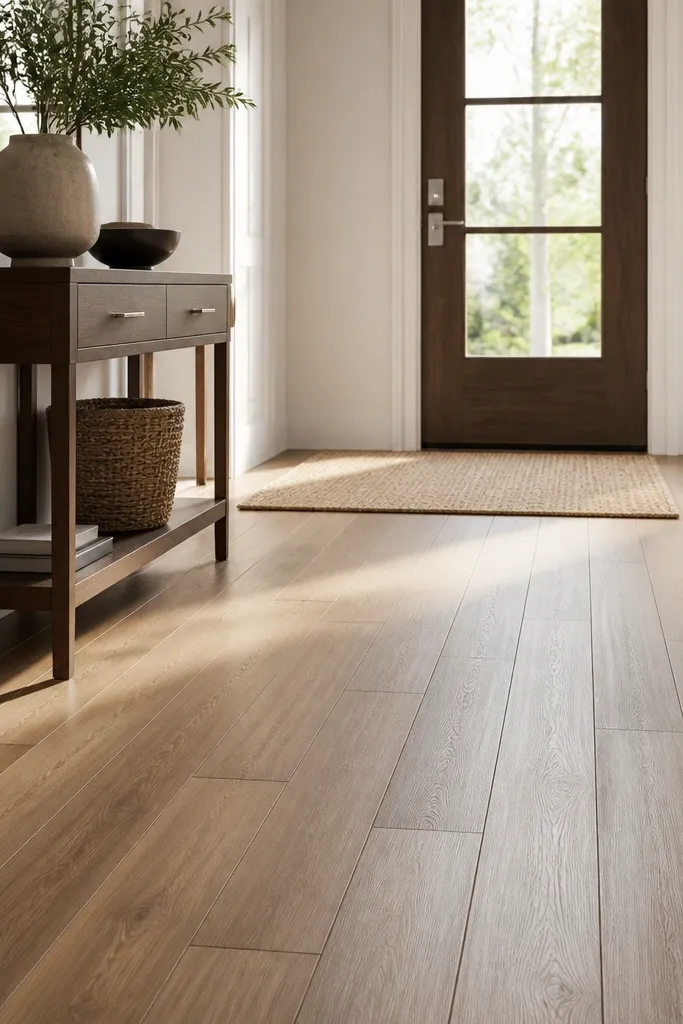 Warm wood-look long tiles in staggered rows with light grout