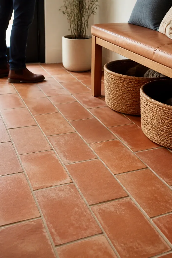 Terracotta-look rectangular tiles in an earthy warm pattern with matching grout