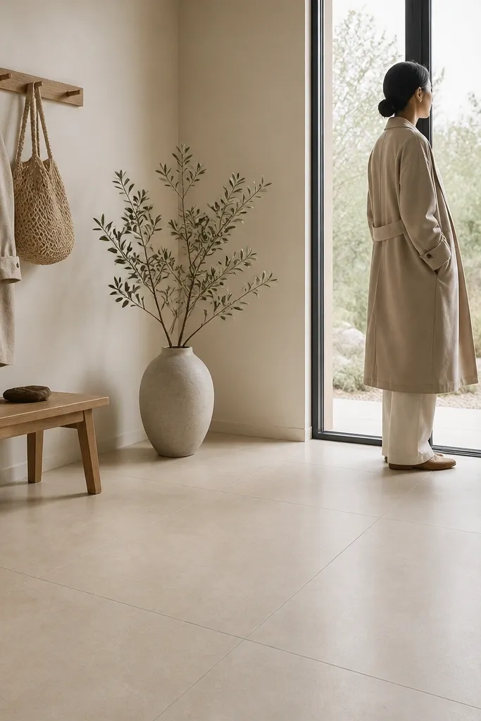 Beige microcement-look floor tiles with warm gray grout lines
