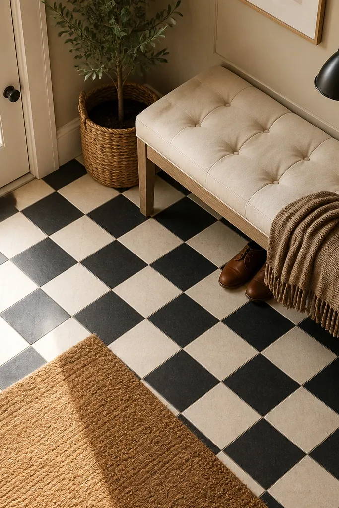 Black and cream checkerboard tiles with warm white grout lines