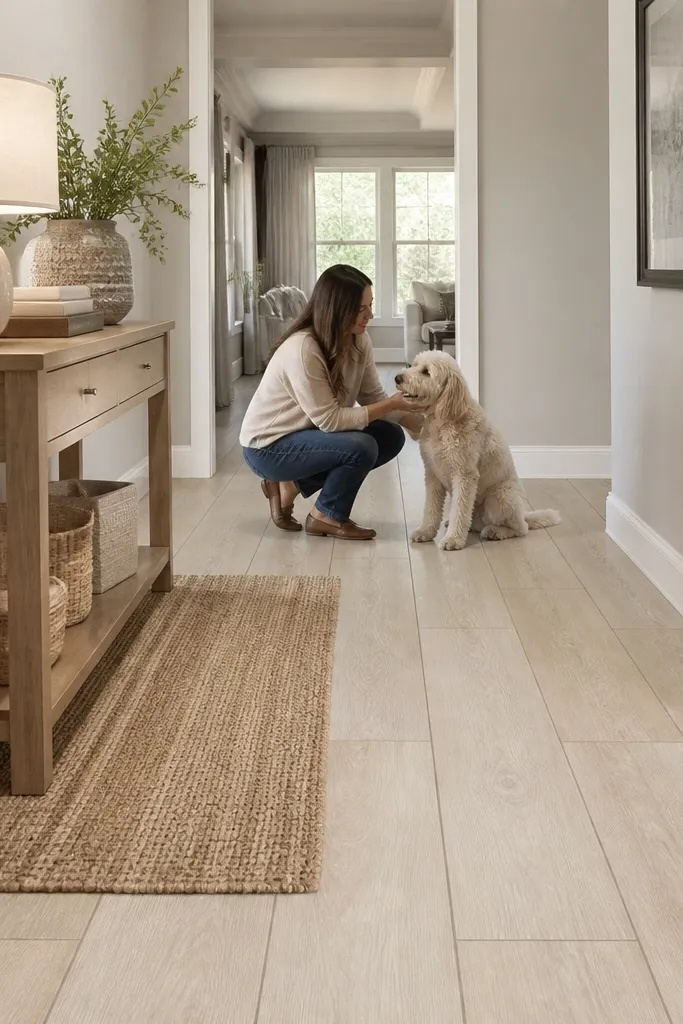 Light oak wood-look rectangular tiles with taupe grout