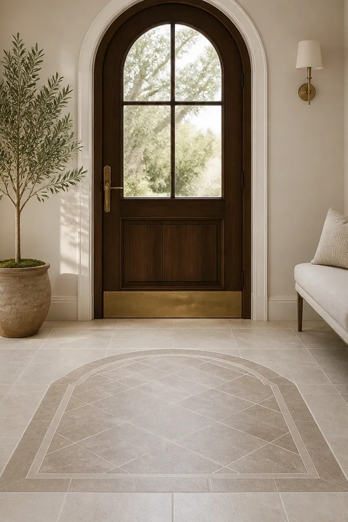 Warm neutral tile floor with a centered arched medallion pattern