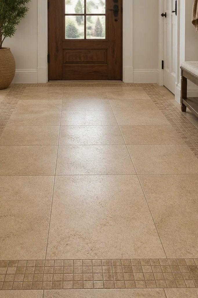Large neutral tile floor with small mosaic border around the edges