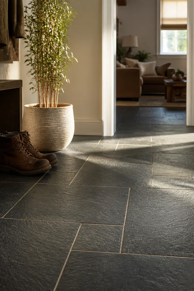 Dark slate-look rectangular tiles with warm almond grout lines