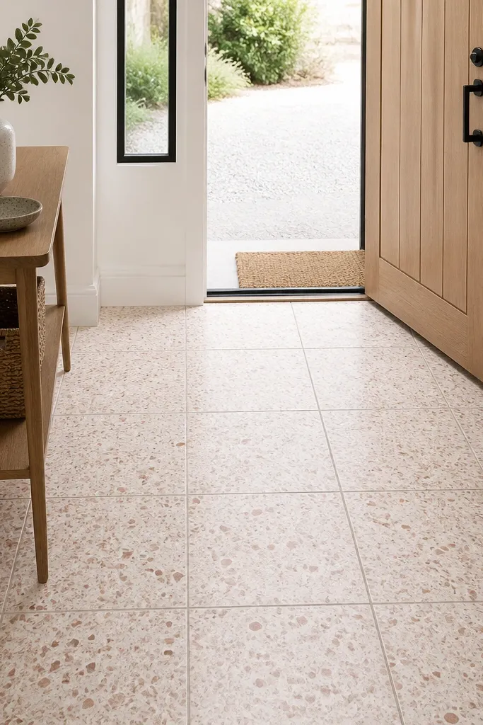 Blush and cream terrazzo-look square tiles with greige grout lines