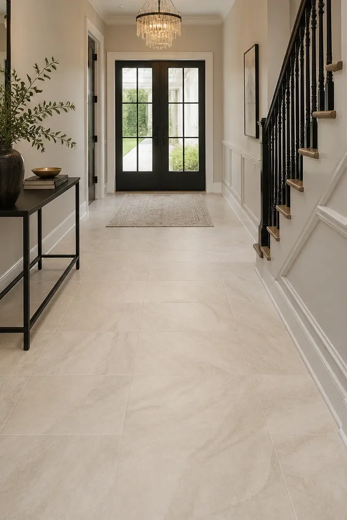 Cream marble-look long tiles with subtle veining and thin grout lines